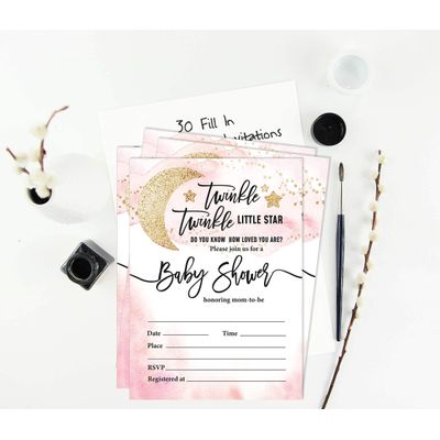 30 Cartões para Chá de Revelação de Gênero Twinkle Twinkle Little Star Preenchíveis - Inkdotpot 12,7 Cm × 17,78 Cm / Branco - Convite