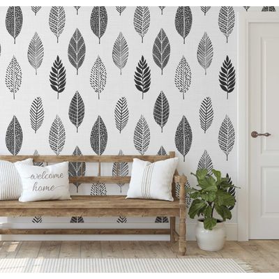 Papel Mural Autoadesivo com Estampa de Folhas Estilizadas Cinza para Parede de Destaque na Entrada e Escritório, Solução - S4sassy 63,5 cm (L) × 304,8 cm (C) / Cinza - Vinil Liso