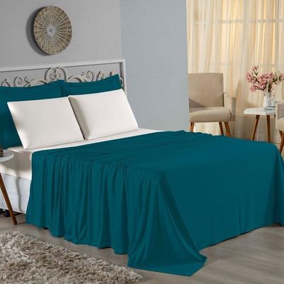 Jogo De Cama Casal Viúva Nobre 4 Peças Malha 100% Algodão - Petróleo / Palha