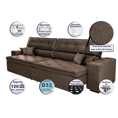 Sofá Austin 2,82m Retrátil, Reclinável Com Molas No Assento E Almofadas, Suede Café Cama Inbox