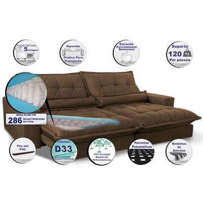 Sofa Retrátil E Reclinável 2,72m Com Molas Ensacadas Cama Inbox Soft Tecido Suede Café