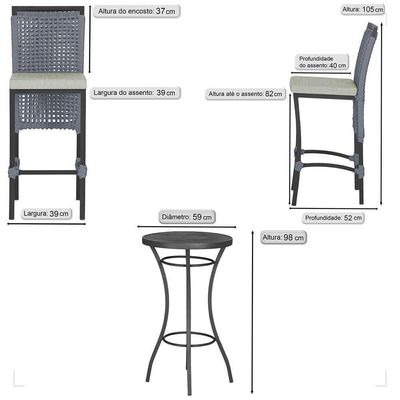 Mesa Bistrô Com 2 Banquetas Roma Preta Corda Náutica 3 Trama Prata