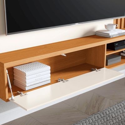 Painel Ripado Para Tv Rack Suspenso Sala Off White Nature Off White Nature