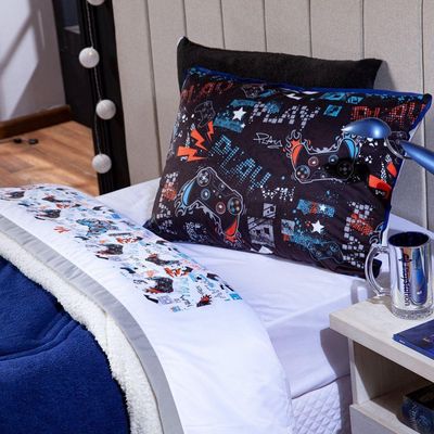 Jogo De Cama Lençol Solteiro Game Win Branco Com Fronha E Virol Estampados 03 Peças - Percal 200 Fios