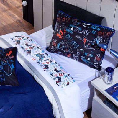 Jogo De Cama Lençol Solteiro Game Win Branco Com Fronha E Virol Estampados 03 Peças - Percal 200 Fios