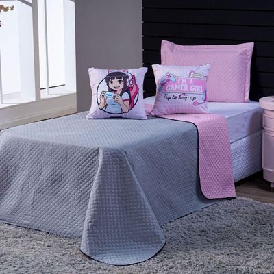 Kit Cobre Leito Colcha Casal Padrão Girl Gamer Rosa/cinza Dupla Face Com Almofadas Estampadas 05 Peças