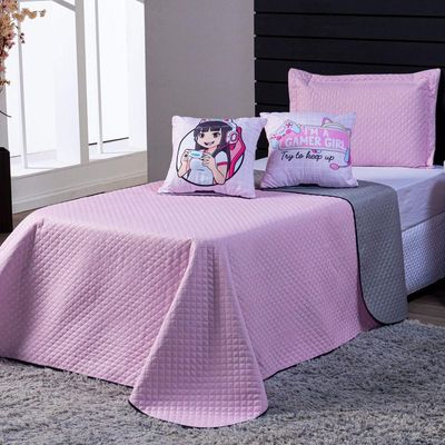 Kit Cobre Leito Colcha Casal Padrão Girl Gamer Rosa/cinza Dupla Face Com Almofadas Estampadas 05 Peças
