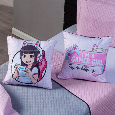 Kit Cobre Leito Colcha Casal Padrão Girl Gamer Rosa/cinza Dupla Face Com Almofadas Estampadas 05 Peças