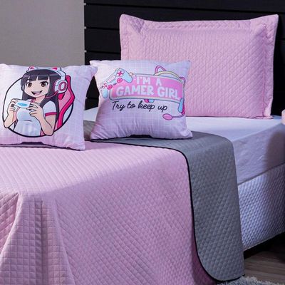 Kit Cobre Leito Colcha Casal Padrão Girl Gamer Rosa/cinza Dupla Face Com Almofadas Estampadas 05 Peças