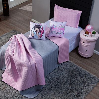 Kit Cobre Leito Colcha Casal Padrão Girl Gamer Rosa/cinza Dupla Face Com Almofadas Estampadas 05 Peças