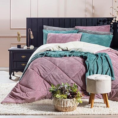 Kit Coberdrom Canelado Boston King 03 Peças - Dupla Face Manta E Sherpa Colorida Cor Rosê