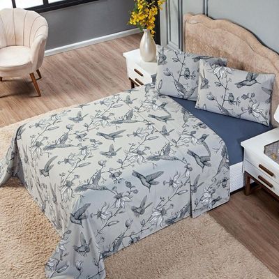 Jogo De Cama Lençol Casal Padrão Estampado Beija-flor Azul/cinza Com Fronhas 04 Peças - Percal Soft 300 Fios Acetinado