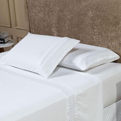 Jogo De Cama Lençol Queen Harmony Bordado Geométrico Percal 300 Fios Com Fronhas 04 Peças - Toque Acetinado Cor Branco
