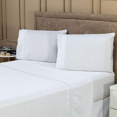 Jogo De Cama Lençol Queen Harmony Bordado Geométrico Percal 300 Fios Com Fronhas 04 Peças - Toque Acetinado Cor Branco