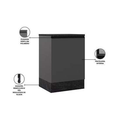 Balcão de Cozinha 58cm 1 Porta com Tampo Poliman Etna Grafite Grafite
