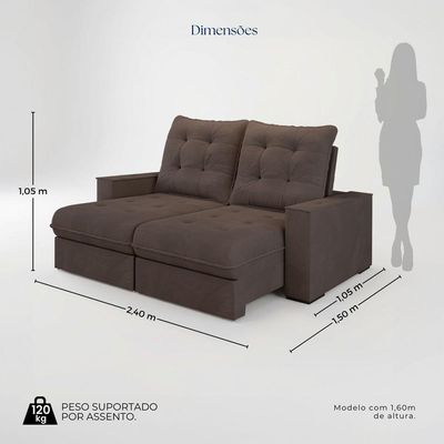 Sofá Retrátil Reclinável 3 Lugares Roma 2,40m Veludo Marrom