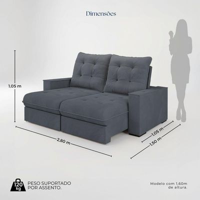 Sofá Retrátil Reclinável 3 Lugares Roma 2,80m Veludo Cinza