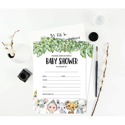 30 Cartões para Chá de Bebê Estilo para Preencher Safari Animais da Selva em Branco - Inkdotpot 12,7 Cm × 17,78 Cm / Branco - Convite