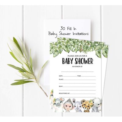 30 Cartões para Chá de Bebê Estilo para Preencher Safari Animais da Selva em Branco - Inkdotpot 12,7 Cm × 17,78 Cm / Branco - Convite