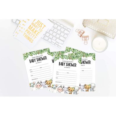 30 Cartões para Chá de Bebê Estilo para Preencher Safari Animais da Selva em Branco - Inkdotpot 12,7 Cm × 17,78 Cm / Branco - Convite