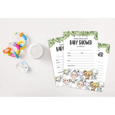 30 Cartões para Chá de Bebê Estilo para Preencher Safari Animais da Selva em Branco - Inkdotpot 12,7 Cm × 17,78 Cm / Branco - Convite