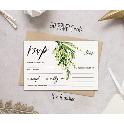 50 Cartões RSVP Brancos com Envelopes Brancos - Folhagem para Casamento/Jantar de Ensaio/Chá de Bebê/Chá de Noiva/Noivado - Inkdotpot 10,16 Cm × 15,24 Cm / Branco