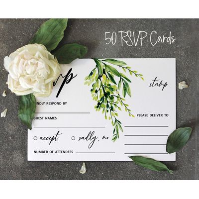 50 Cartões RSVP Brancos com Envelopes Brancos - Folhagem para Casamento/Jantar de Ensaio/Chá de Bebê/Chá de Noiva/Noivado - Inkdotpot 10,16 Cm × 15,24 Cm / Branco