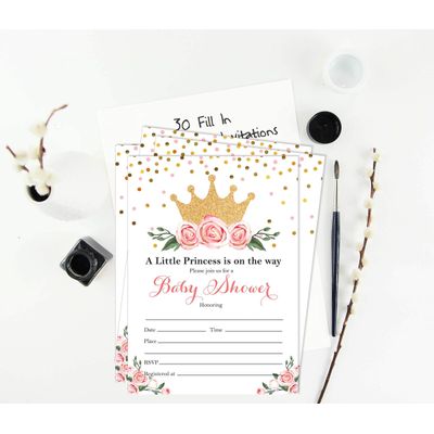 30 Cartões para Chá de Bebê Revelação do Sexo Princesa para Preencher - Inkdotpot 12,7 Cm × 17,78 Cm / Branco - Convite