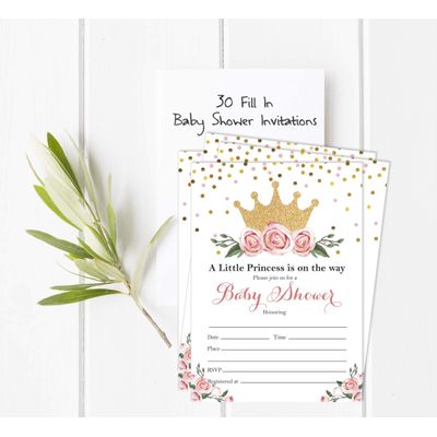 30 Cartões para Chá de Bebê Revelação do Sexo Princesa para Preencher - Inkdotpot 12,7 Cm × 17,78 Cm / Branco - Convite