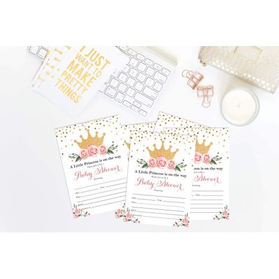 30 Cartões para Chá de Bebê Revelação do Sexo Princesa para Preencher - Inkdotpot 12,7 Cm × 17,78 Cm / Branco - Convite