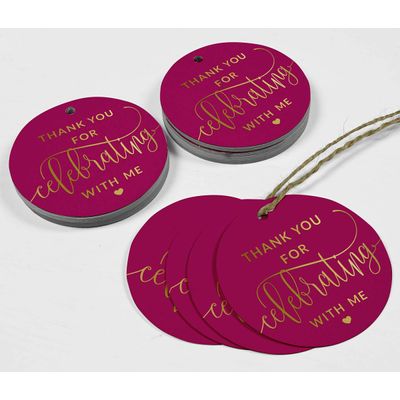 Etiquetas em Papel Metalizado para Lembrancinha de Aniversário "Obrigado por Celebrar Comigo" para Pendurar - Inkdotpot 100 Etiquetas Metalizadas / Rosa - Dourado