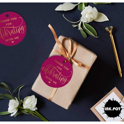 Etiquetas em Papel Metalizado para Lembrancinha de Aniversário "Obrigado por Celebrar Comigo" para Pendurar - Inkdotpot 100 Etiquetas Metalizadas / Rosa - Dourado