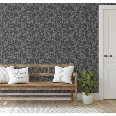 Papel de Parede Autoadesivo Estampa Botânica Cinza, Destacável, para Parede de Entrada e Decoração de Escritório - S4sassy 63,5 cm (L) × 304,8 cm (C) / Cinza - Vinil Liso