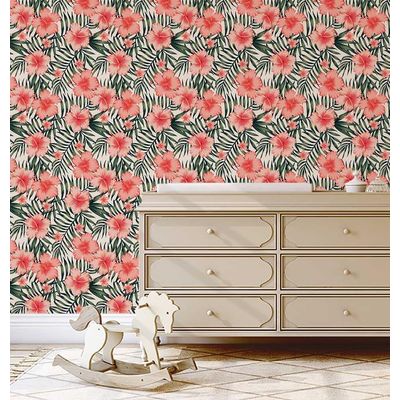 Papel de Parede Floral Hibisco Tropical Laranja, Vinil Autoadesivo, Revestimento Fácil para Quarto e Sala - S4Sassy 63,5 cm (L) × 914,4 cm (C) / Laranja - Vinil Liso