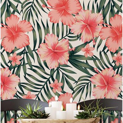 Papel de Parede Floral Hibisco Tropical Laranja, Vinil Autoadesivo, Revestimento Fácil para Quarto e Sala - S4Sassy 63,5 cm (L) × 914,4 cm (C) / Laranja - Vinil Liso