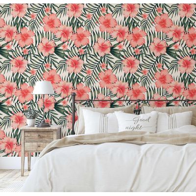 Papel de Parede Floral Hibisco Tropical Laranja, Vinil Autoadesivo, Revestimento Fácil para Quarto e Sala - S4Sassy 63,5 cm (L) × 914,4 cm (C) / Laranja - Vinil Liso