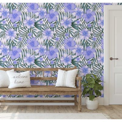 Papel de Parede Floral Hibisco Tropical Azul, Vinílico Autoadesivo, Revestimento Decorativo Fácil de Aplicar para Quarto e Sala - S4Sassy 63,5 cm (L) × 304,8 cm (C) / Azul - Vinil Liso