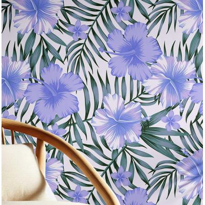 Papel de Parede Floral Hibisco Tropical Azul, Vinílico Autoadesivo, Revestimento Decorativo Fácil de Aplicar para Quarto e Sala - S4Sassy 63,5 cm (L) × 304,8 cm (C) / Azul - Vinil Liso