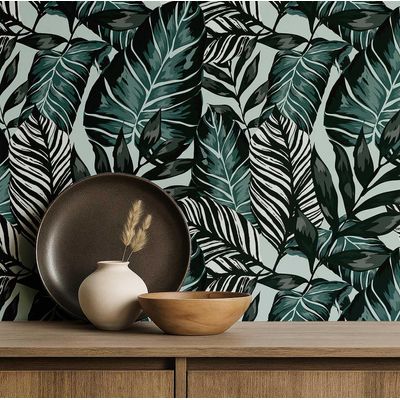 Papel de Parede Tropical Folhagem Verde, Vinil Autoadesivo, Revestimento Decorativo, Fácil DIY para Quarto, Sala e Ambientes - S4Sassy 63,5 cm (L) × 304,8 cm (C) / Verde - Vinil Liso
