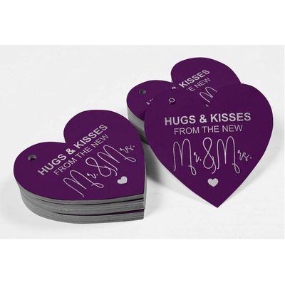 Tag de Papel Artesanal para Lembrancinha de Casamento 'Beijos e Abraços' com Acabamento Metalizado para Pendurar - Inkdotpot 50 Etiquetas Metalizadas / Roxo - Prata