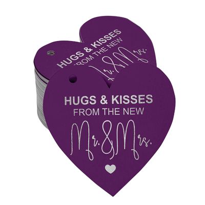 Tag de Papel Artesanal para Lembrancinha de Casamento 'Beijos e Abraços' com Acabamento Metalizado para Pendurar - Inkdotpot 50 Etiquetas Metalizadas / Roxo - Prata