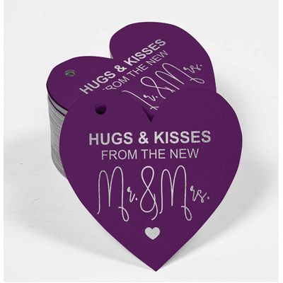 Tag de Papel Artesanal para Lembrancinha de Casamento 'Beijos e Abraços' com Acabamento Metalizado para Pendurar - Inkdotpot 50 Etiquetas Metalizadas / Roxo - Prata