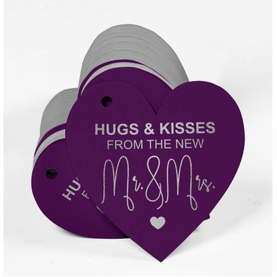 Tag de Papel Artesanal para Lembrancinha de Casamento 'Beijos e Abraços' com Acabamento Metalizado para Pendurar - Inkdotpot 50 Etiquetas Metalizadas / Roxo - Prata