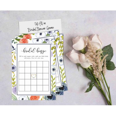 50 Cartões de Jogo Florais para Chá de Noiva e Despedida de Solteira, Quadrados em Branco para Preencher Ideias de Presente - Inkdotpot 12,7 Cm × 17,78 Cm / Branco - Bingo da Noiva
