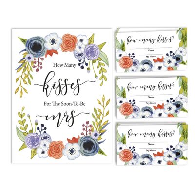 50 Cartões de Jogo Florais para Chá de Noiva e Despedida de Solteira, Quadrados em Branco para Preencher Ideias de Presente - Inkdotpot 8,89 Cm × 5,08 Cm / Branco - Quantos Beijos?