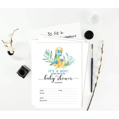 30 Cartões de Jogo para Chá de Bebê - Dinossauros e Animais da Selva - Inkdotpot 12,7 Cm × 17,78 Cm / Branco - Convite