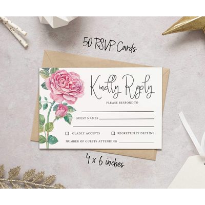 50 Cartões RSVP em Branco com Envelopes Brancos, Estilo Floral para Casamento, Jantar de Ensaio, Chá de Bebê/Noiva, Noivado - Inkdotpot 10,16 Cm × 15,24 Cm / Branco
