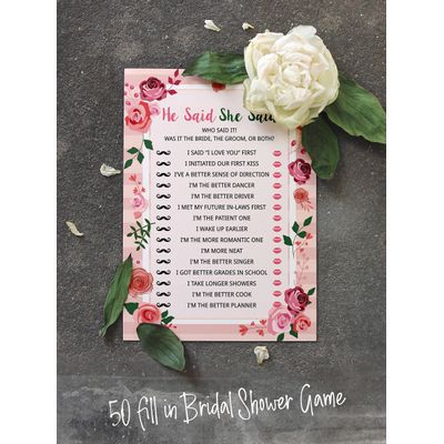 50 Cartões Florais para Jogo, Chá de Noiva, Despedida de Solteira, Quadrados em Branco para Preencher Ideias de Lembrança - Inkdotpot 12,7 Cm × 17,78 Cm / Branco - Ele Disse, Ela Disse