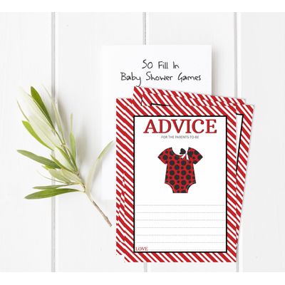 Cartões de Conselho para Chá de Bebê, Tema Joaninha para Menina - Jogos e Atividades, para Mamãe e Papai Novos - Pacote com 50 - Inkdotpot 12,7 Cm × 17,78 Cm / Branco