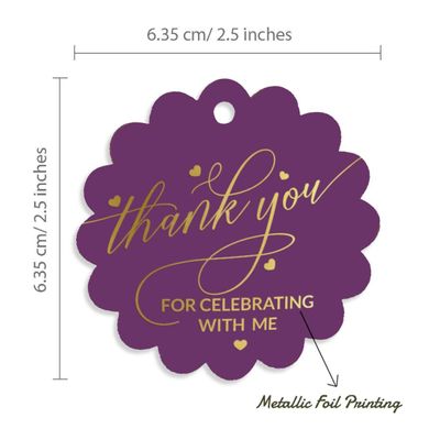 Etiquetas de Papel Metalizado 'Obrigado por Celebrar Comigo' para Lembrancinhas de Aniversário para Pendurar - Inkdotpot 100 Etiquetas Metalizadas / Roxo - Dourado